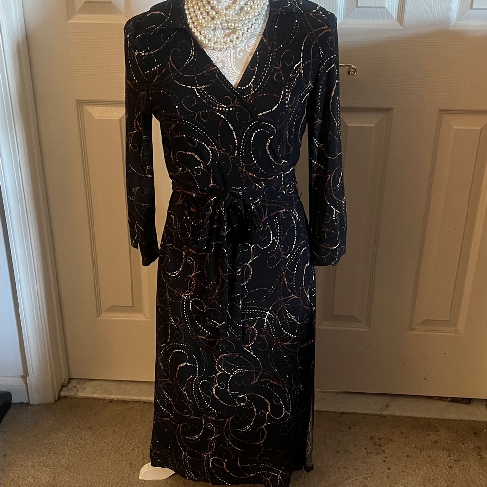 Jones New York Black wrap Dress with Gold Accents